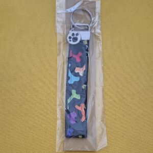 Dog Bone Pattern Wrist Key Chain - Black with Multicolor Bones